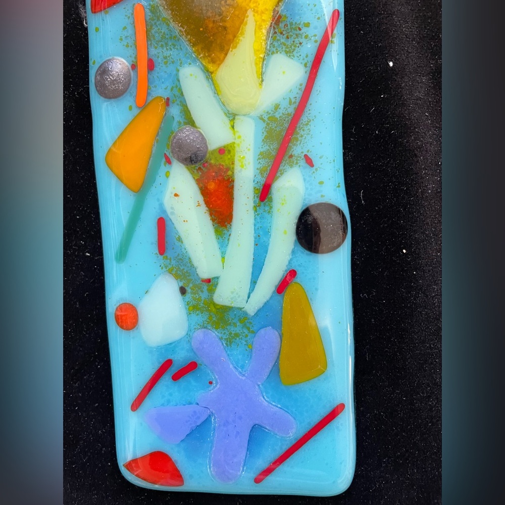 “Magical Garden “Fused Art Glass  Hanging Plaque 10”x3” Aqua Blue - Picture 6 of 9